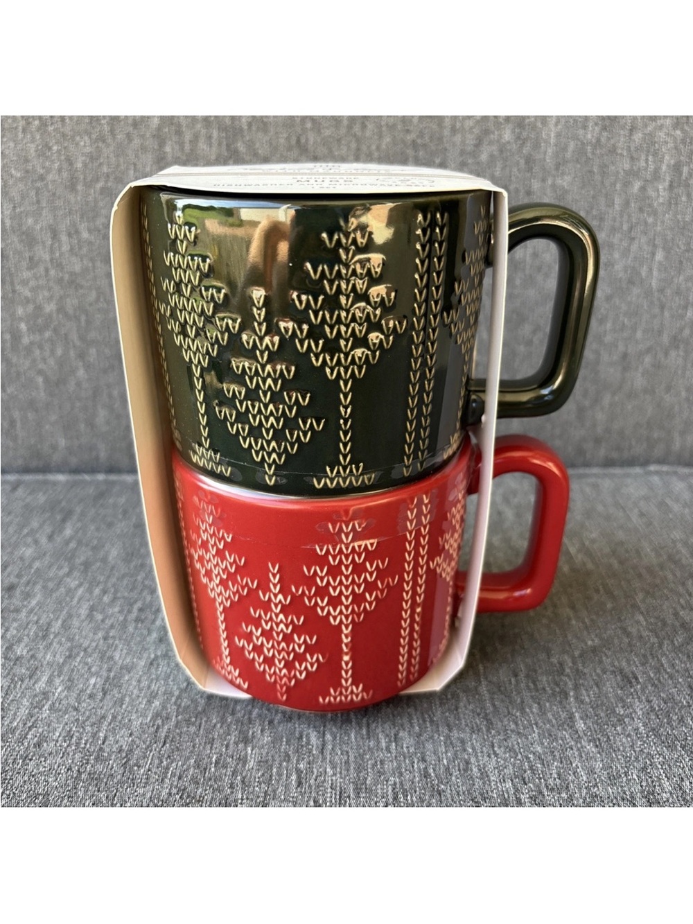 Hearth & Hands Red & Green Fair Isle 14 oz Ceramic Mugs Set of 2 - NWT!